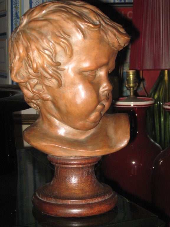 Terracotta Putto on a Oak Base For Sale 1