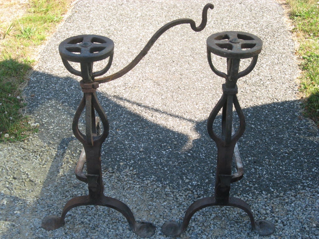 20th Century Tall Pair of Hand-Forged Iron Andirons For Sale