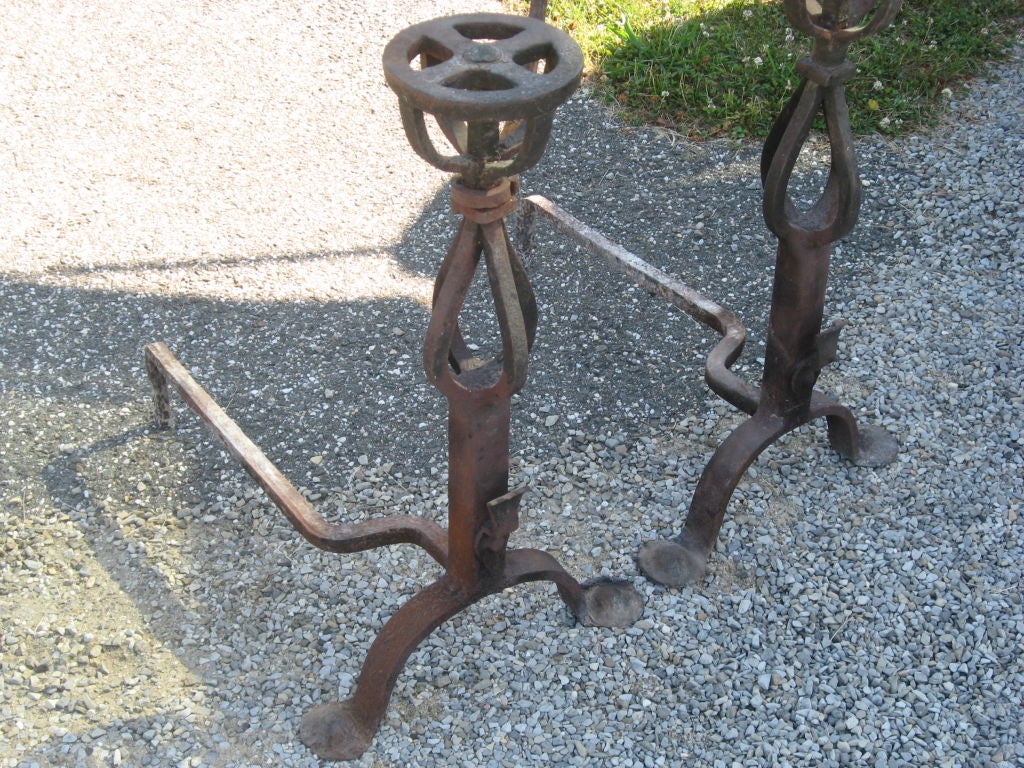 American Tall Pair of Hand-Forged Iron Andirons For Sale