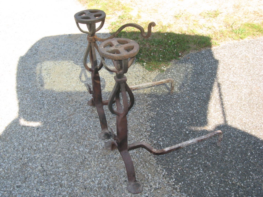 Tall Pair of Hand-Forged Iron Andirons In Good Condition For Sale In Water Mill, NY