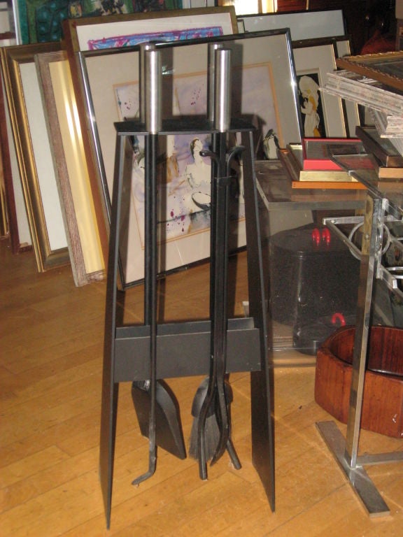 American Modernistic Set of Iron and Chrome Fire Tools For Sale