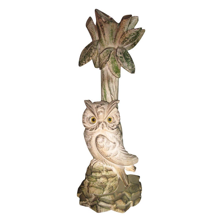 Hand-Carved Wooden Owl Lamp For Sale