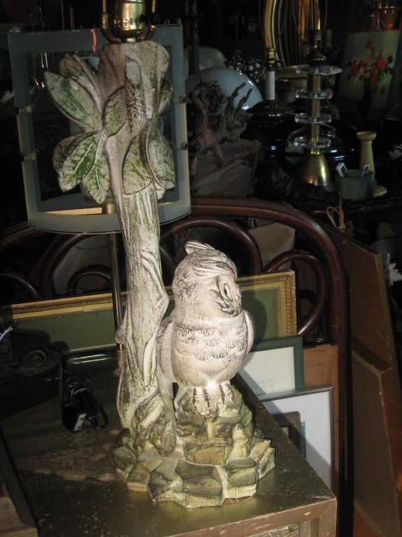 Hand-Carved Wooden Owl Lamp In Good Condition For Sale In Water Mill, NY