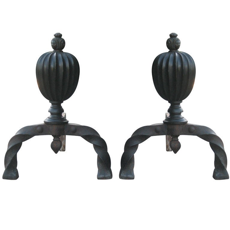 Bronze and Hand-Forged Iron Andirons For Sale