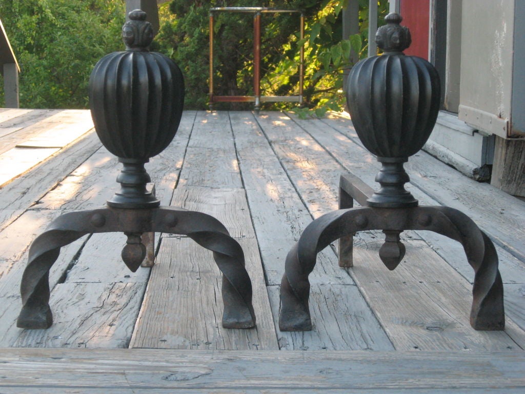 Bronze and Hand-Forged Iron Andirons For Sale 1