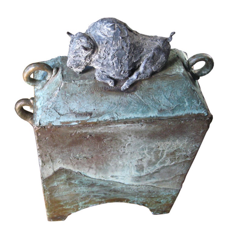 28" Bronze Covered Box with Buffalo, Signed For Sale