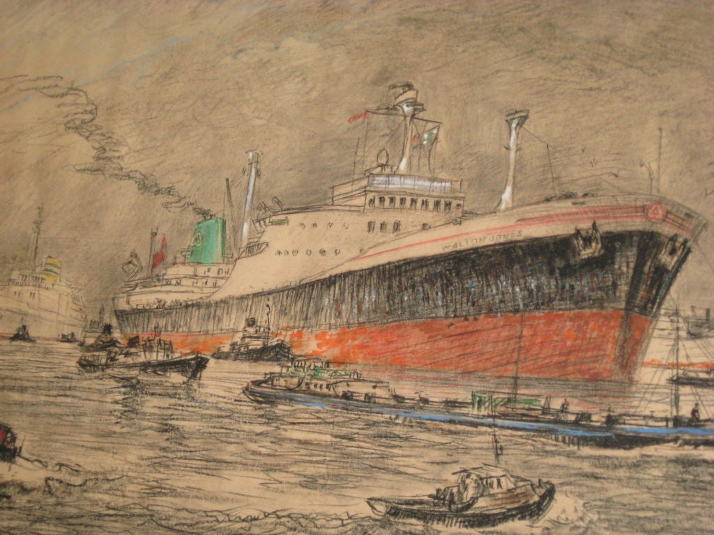 Hand-Painted Harbour Scene with Oceanliner by Molenaar For Sale