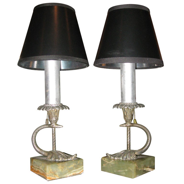 Pair of Silvered Bronze Serpent Boudoir Lamps For Sale