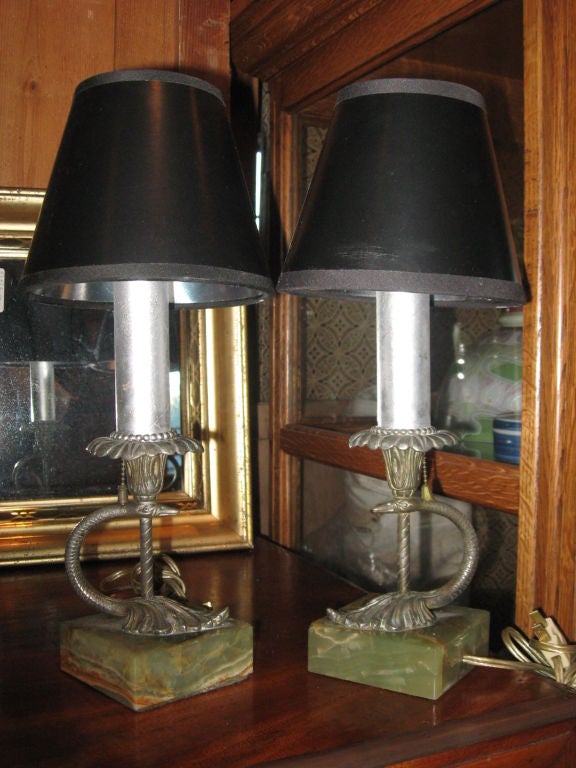 Pair of Silvered Bronze Serpent Boudoir Lamps In Good Condition For Sale In Water Mill, NY