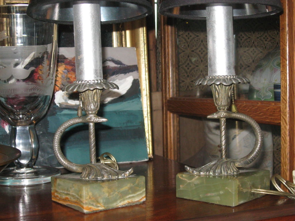 20th Century Pair of Silvered Bronze Serpent Boudoir Lamps For Sale