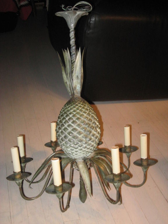 Midcentury tin pineapple form six-arm chandelier with original grey patina....electrified.