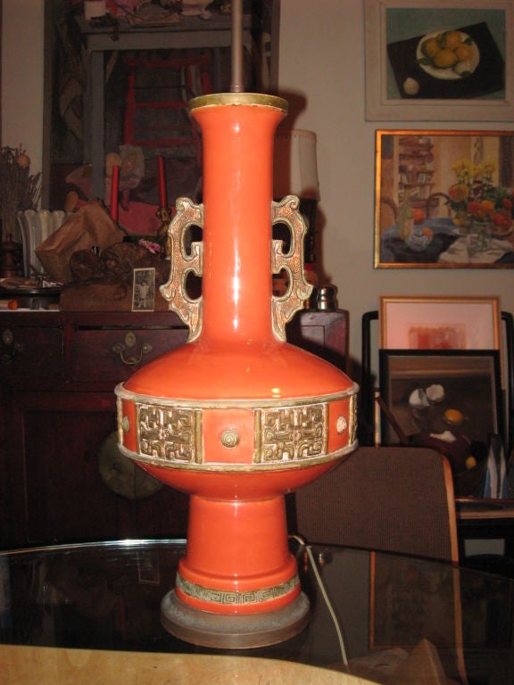 Large pottery lamp in the style of James Mont in oriental taste.