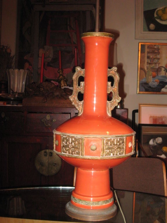 Large Pottery Lamp in the Style of James Mont In Good Condition For Sale In Water Mill, NY