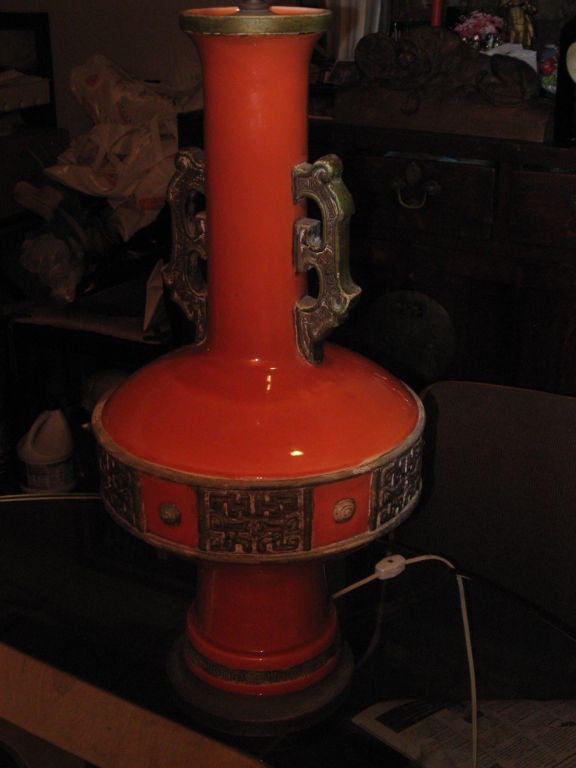 Mid-20th Century Large Pottery Lamp in the Style of James Mont For Sale