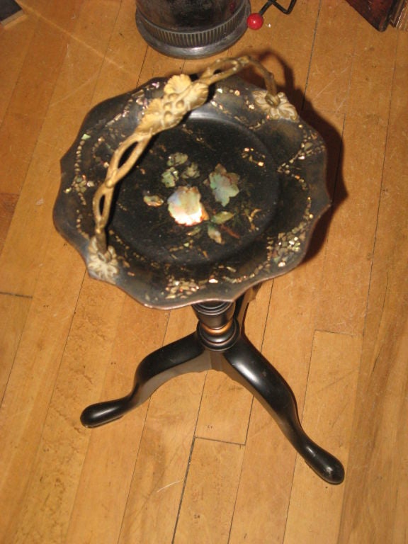 Victorian mother-of-pearl tin and brass little serving table.