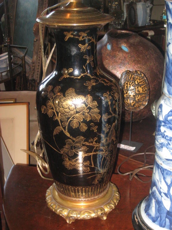 Hand-Crafted Oriental Black Gilt Painted Lamp For Sale