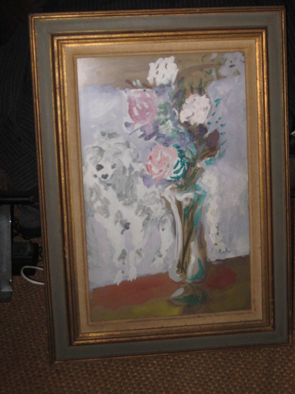 Impressionistic tempera painting of a still life with dog and flowers in a vintage giltwood frame by listed artist Marcel Vertes (1895-1961.)