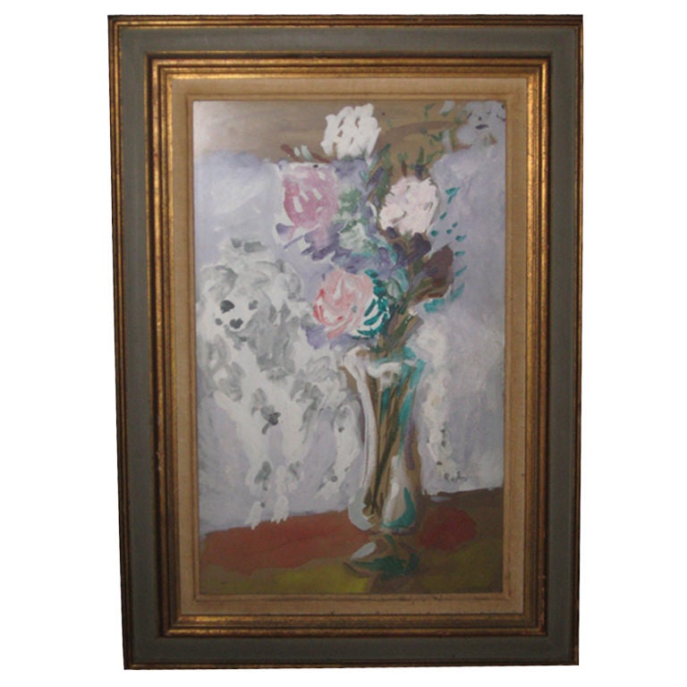 Marcel Vertes Poodle with Flowers Painting For Sale