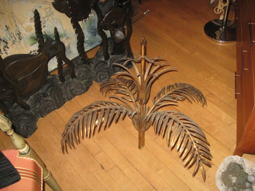 Midcentury Gilded Tin Palm Tree Chandelier-Can Take Crystal Drops at the End of the Leaf on Both Sides