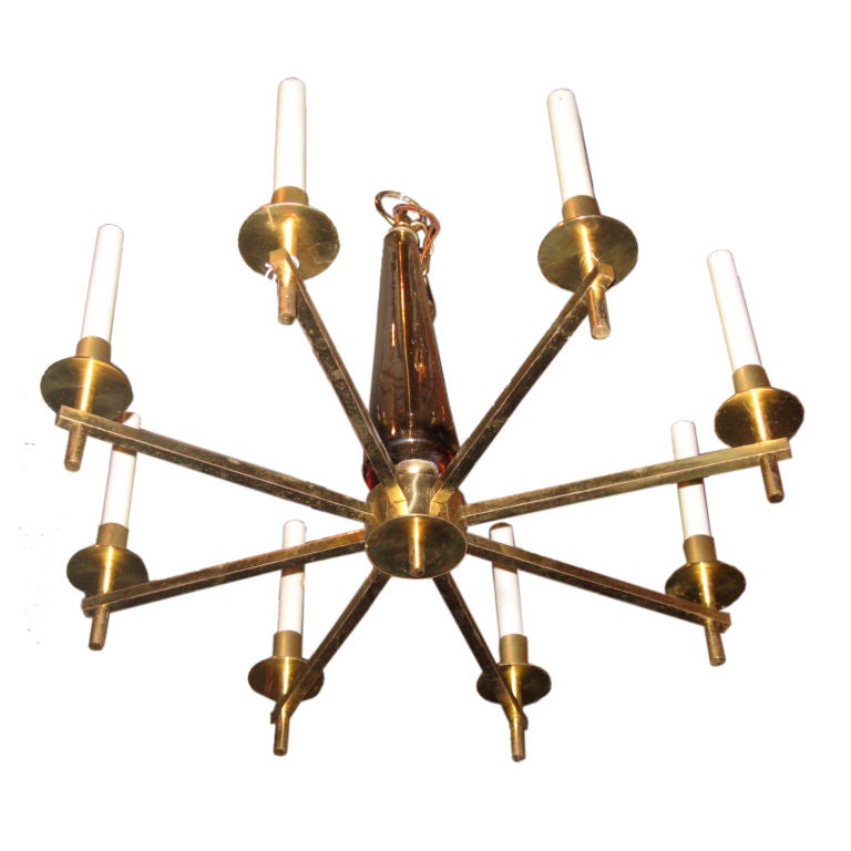 Midcentury Brass and Crystal Chandelier by Orrefors For Sale