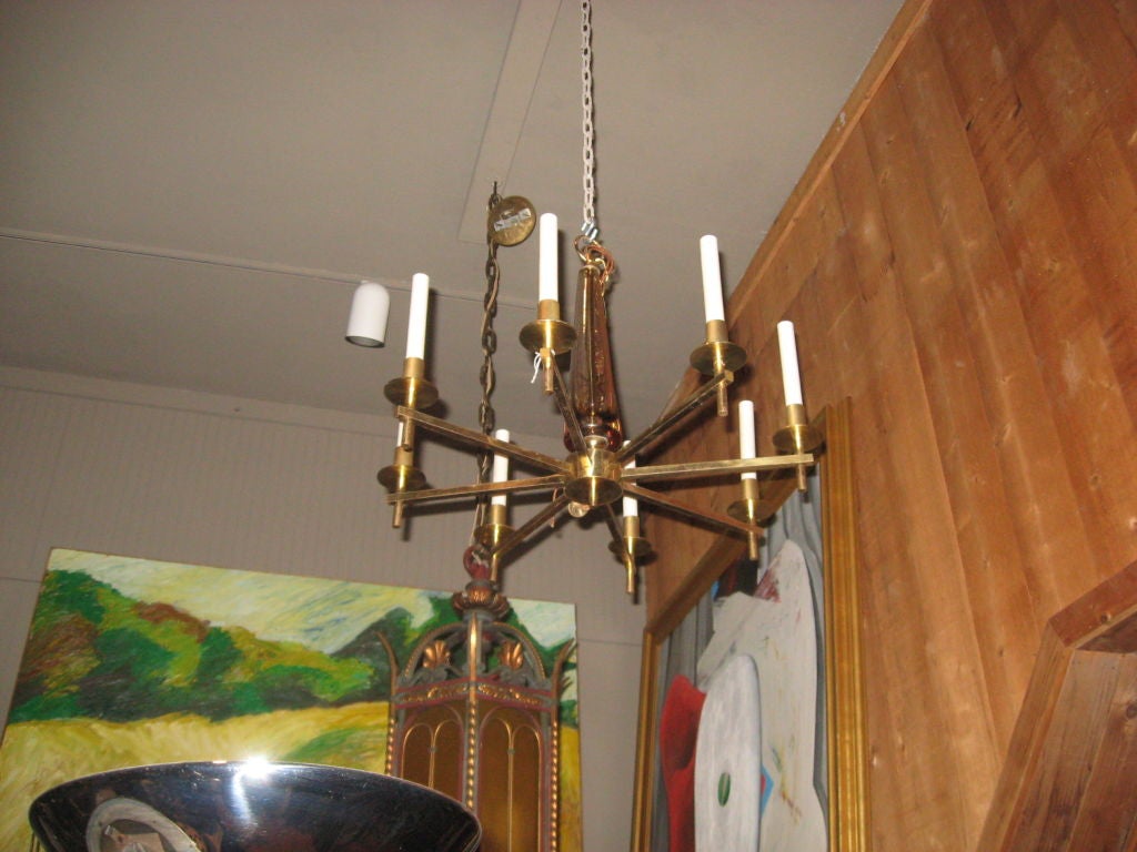 American Midcentury Brass and Crystal Chandelier by Orrefors For Sale