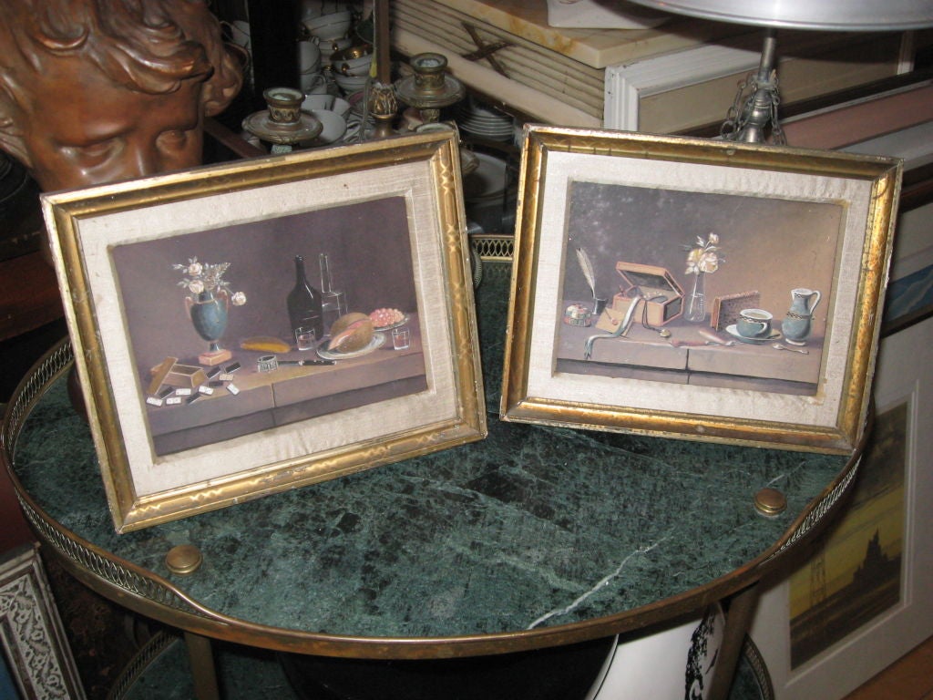 Pair of tempera stillife paintings in antique giltwood frames one

Signed Lelong.