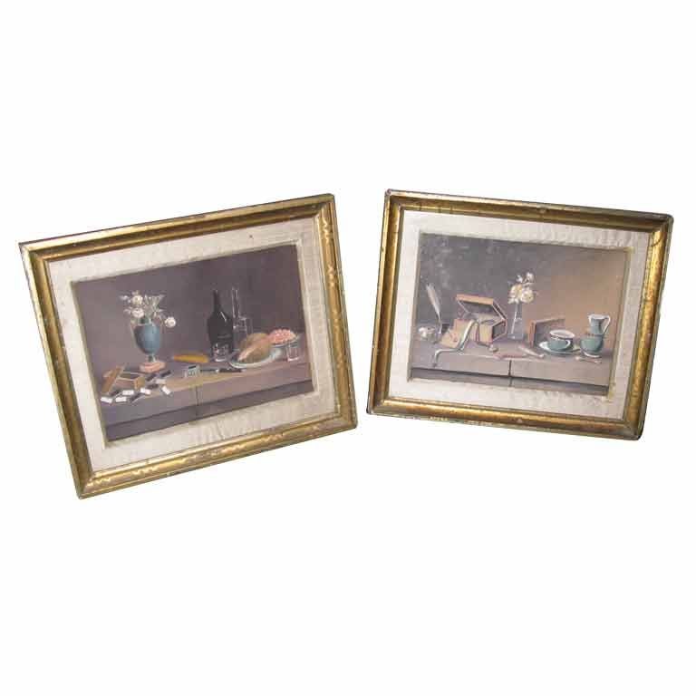 Pair of Tempera Stllife Paintings by Lelong For Sale