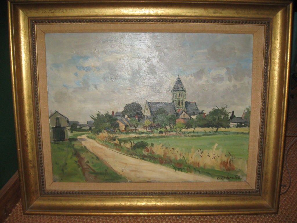 Oil painting of French Countryside by C. Le Breton in giltwood frame.