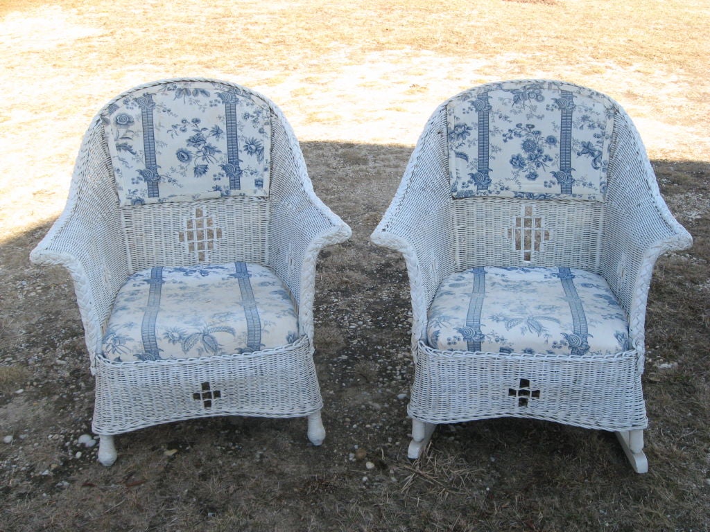 Bar Harbor matching pair of wicker chair and rocker with drop in cushions painted white.