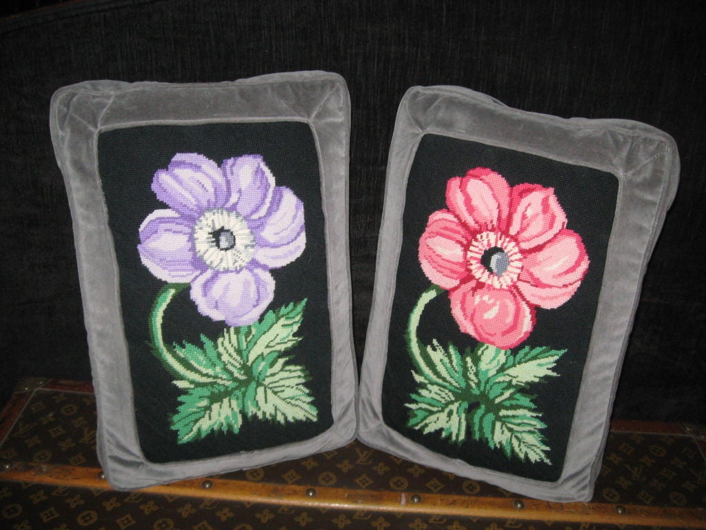 American Pair of Handmade Needlepoint Down Pillows For Sale