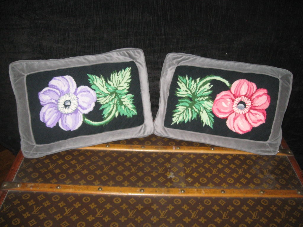 Pair of Handmade Needlepoint Down Pillows In Excellent Condition For Sale In Water Mill, NY