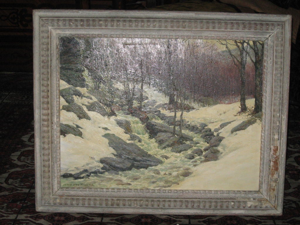 Oil on Canvas of Winter Scene by Anton Otto Fischer in a Carved Wood Frame