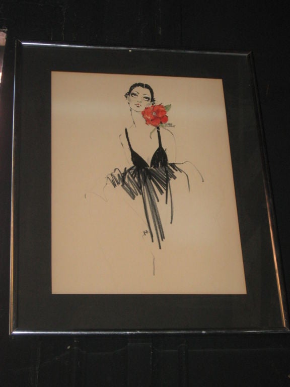 Fashion watercolor by famed artist Michaele Vollbrach. Framed under glass.