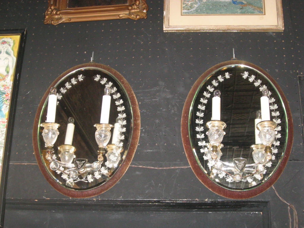 Pair of 19th century etched mirror two arm sconces with glass rods and balls on brown velvet backed wood. (label on back) James Green & Nephew Queen Victoria St Paul.
