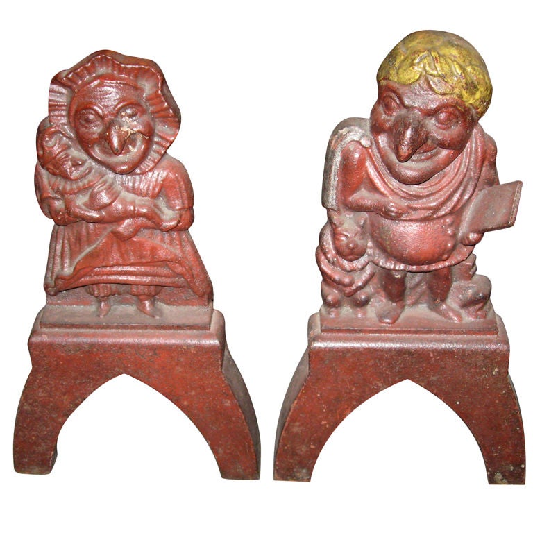 Pair of Early Punch and Judy Iron Andirons For Sale