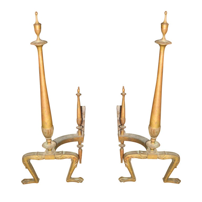 Pair of Neoclassical Style Brass Andirons For Sale