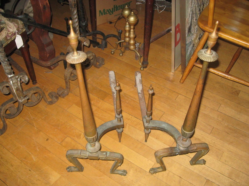 American Pair of Neoclassical Style Brass Andirons For Sale