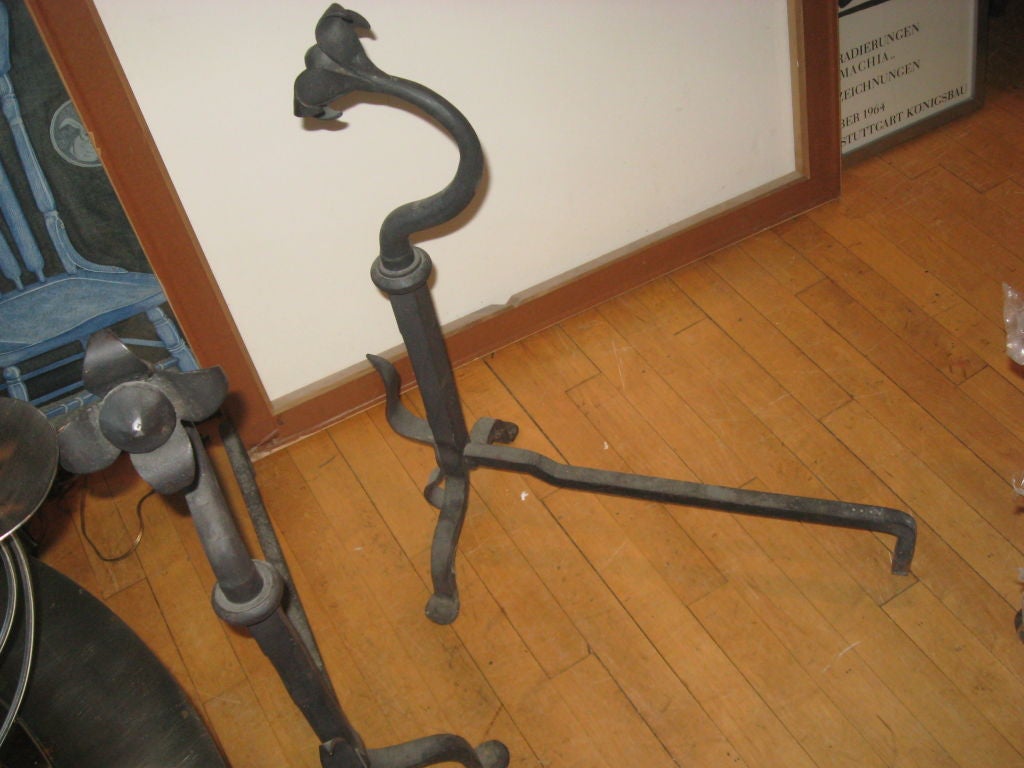 American Pair of Sunflower Hand-Forged Iron Andirons