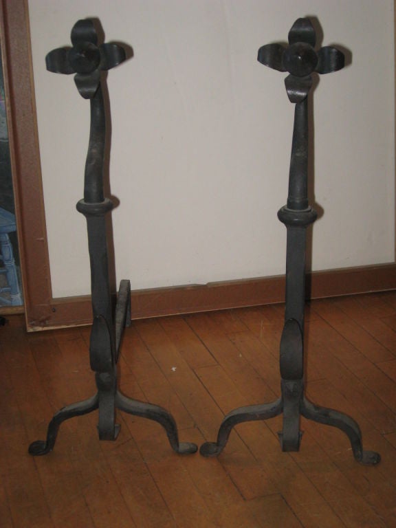 Pair of Sunflower Hand-Forged Iron Andirons In Excellent Condition In Water Mill, NY