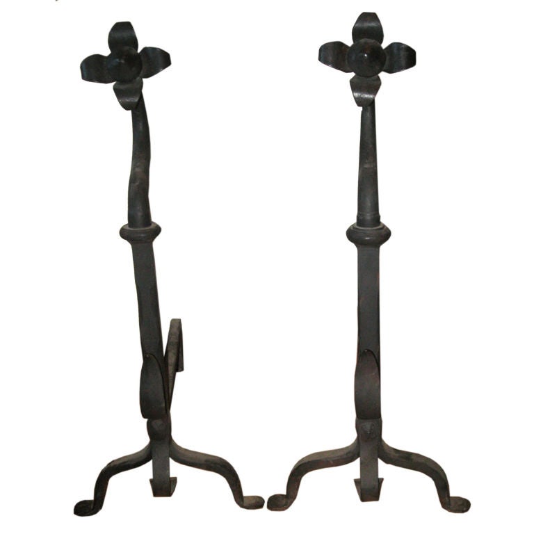 Pair of Sunflower Hand-Forged Iron Andirons