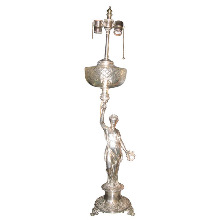 19th Century Silver Plate Oil Lamp For Sale