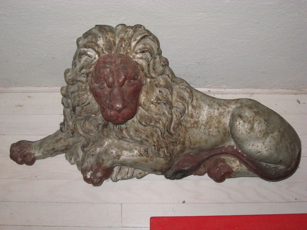 Georgian monumental iron lion fireplace ornament or door stop with wonderful old paint with great patina.