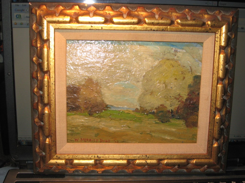 Paysage peint à l'huile sur bois par W. Merritt Post dans un cadre en bois doré. Dimensions : 6 x 7,5, sans cadre.