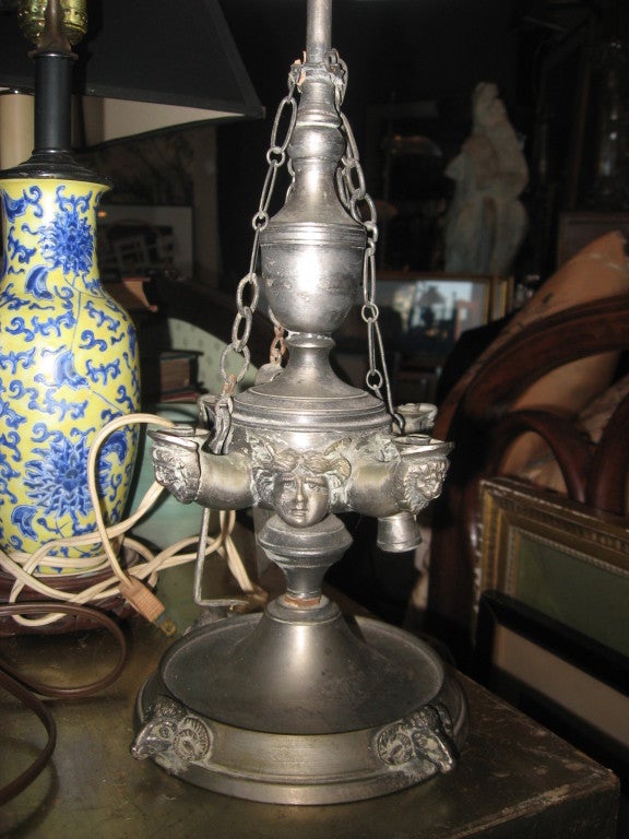 Bouillotte neoclassical silvered bronze oil lamp-made into lamp-wired.