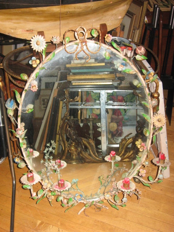 Midcentury Italian Tole Mirror with Colored Flowers and Candleholders-Hand Made