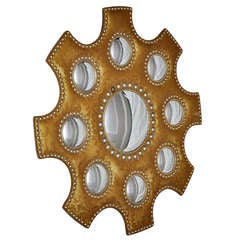 Continental Faux Leather Brass Studded Octagonal MIrror