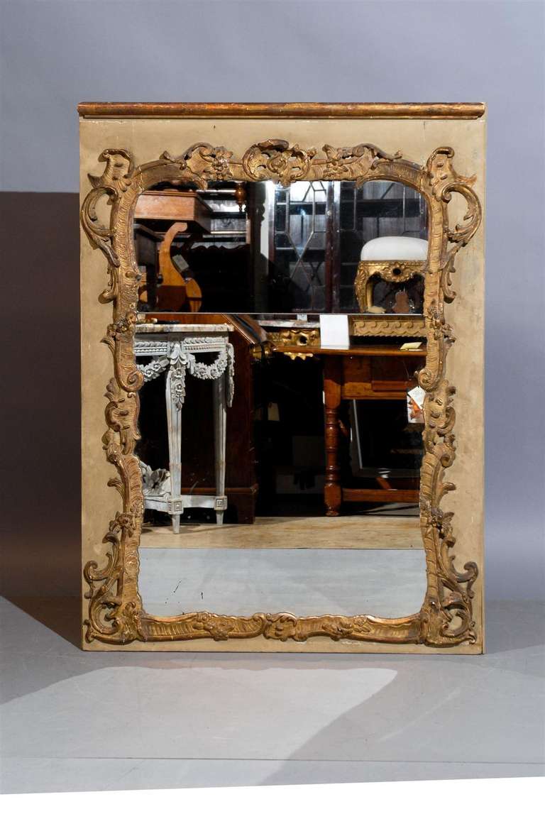 19th Century French Painted & Parcel Gilt Trumeau Mirror In Good Condition In Atlanta, GA