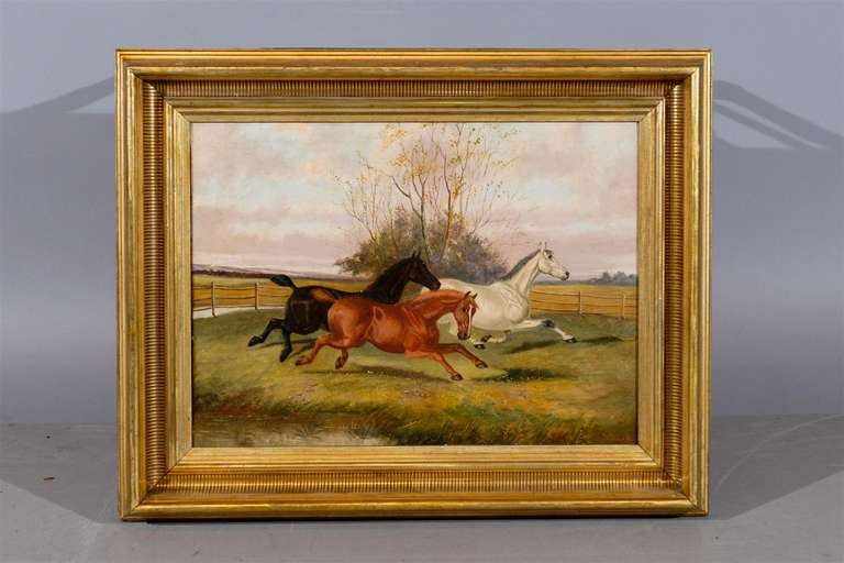 Large Gilt Framed Oil on Canvas Painting of Horses in Landscape, Signed Albert Clark