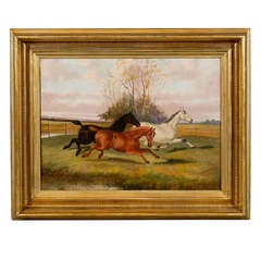 Large Gilt Framed Oil on Canvas Painting of Horses in Landscape, Signed Albert Clark