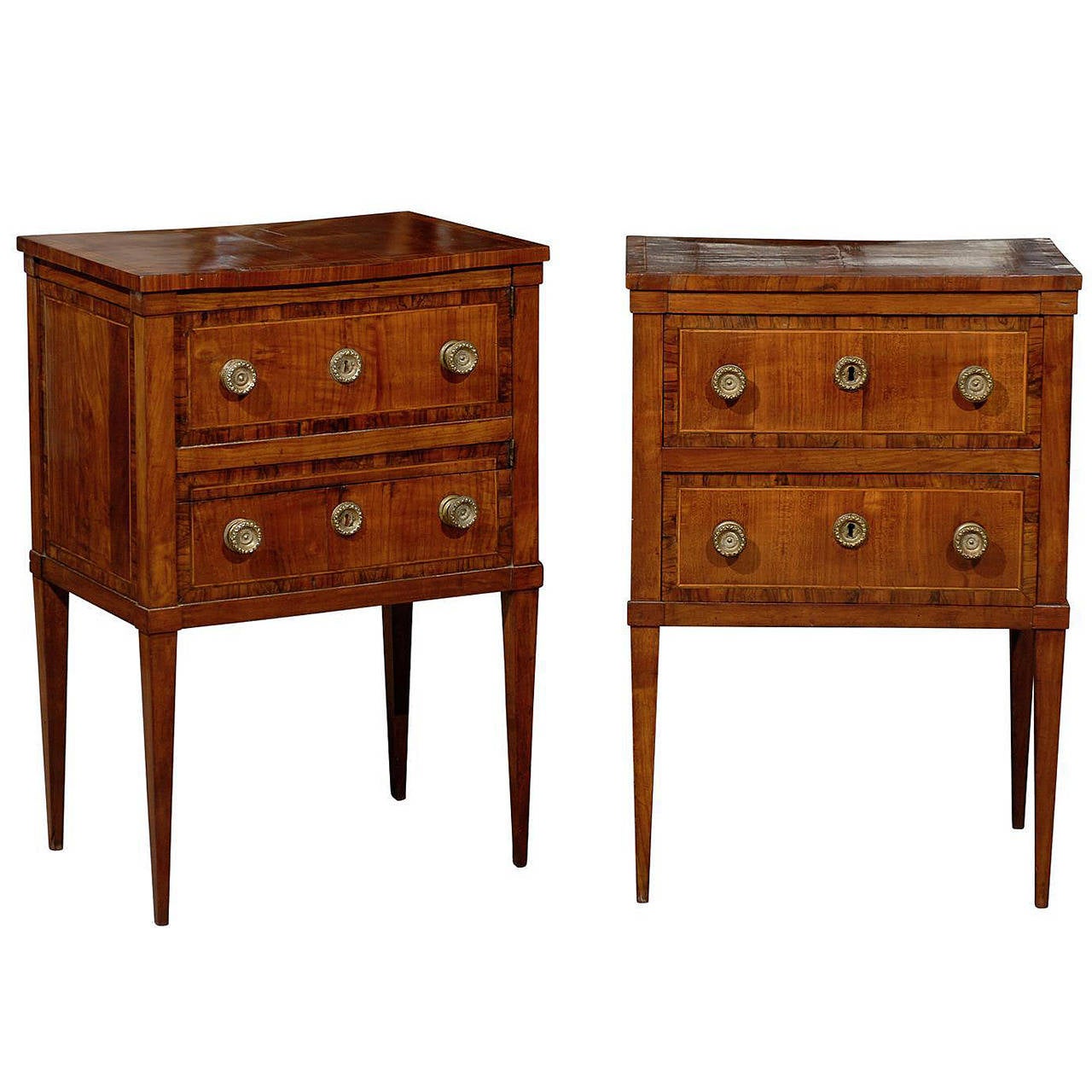 Pair of Italian Neoclassical Walnut and Fruitwood Comodini 